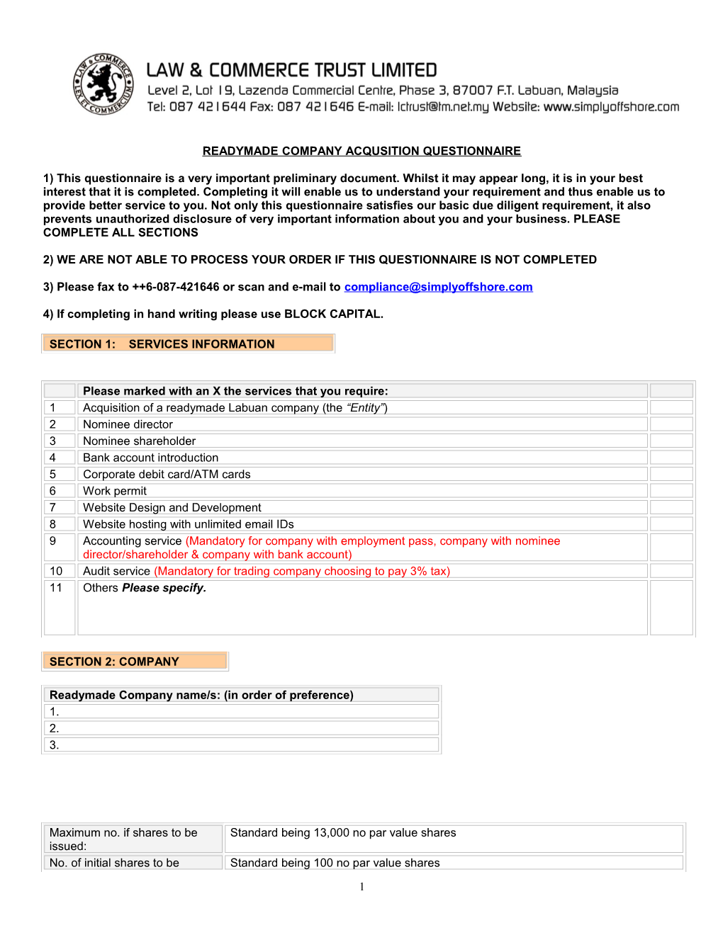 Readymade Company Acqusition Questionnaire