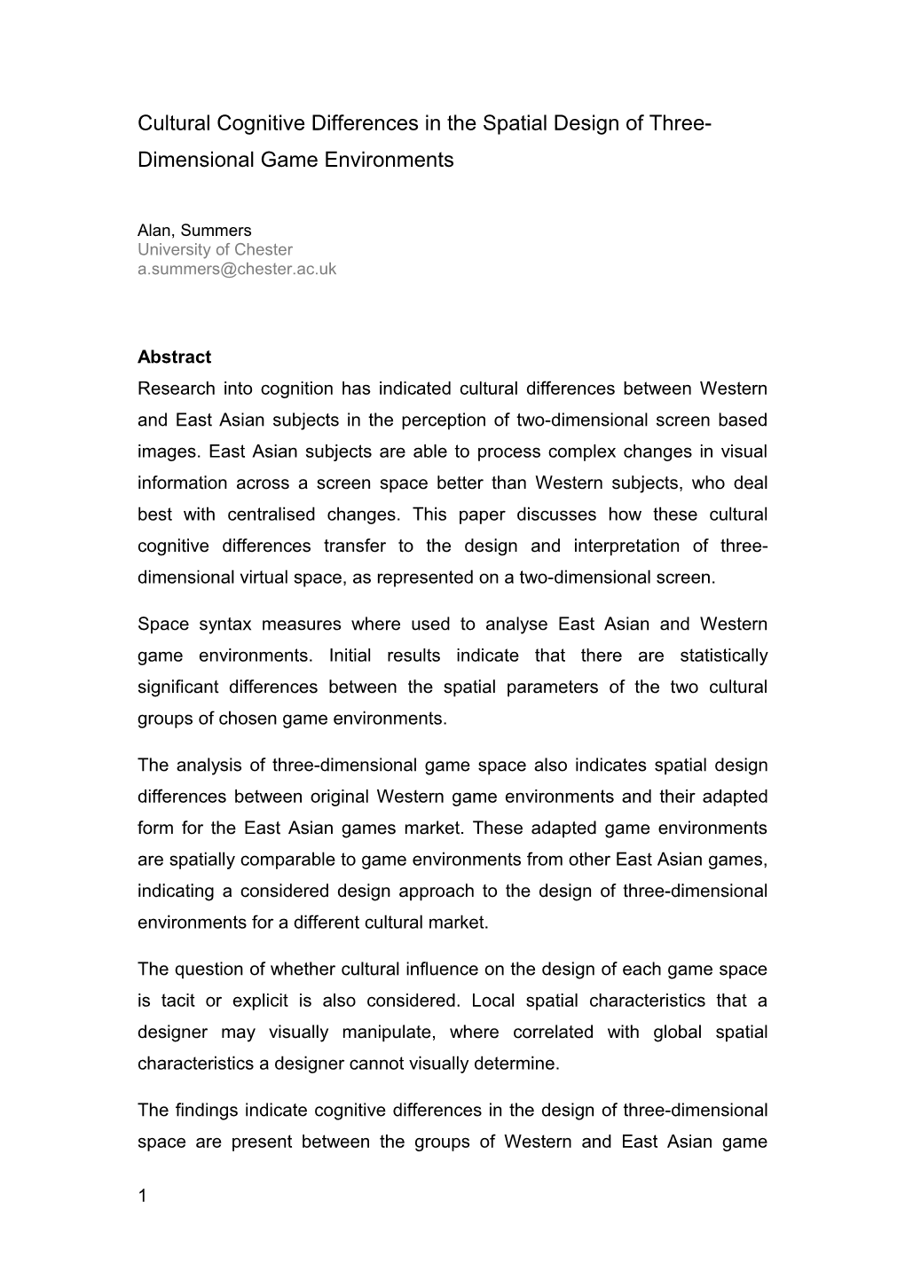 Cultural Cognitive Differences in the Spatial Design of Three-Dimensional Game Environments
