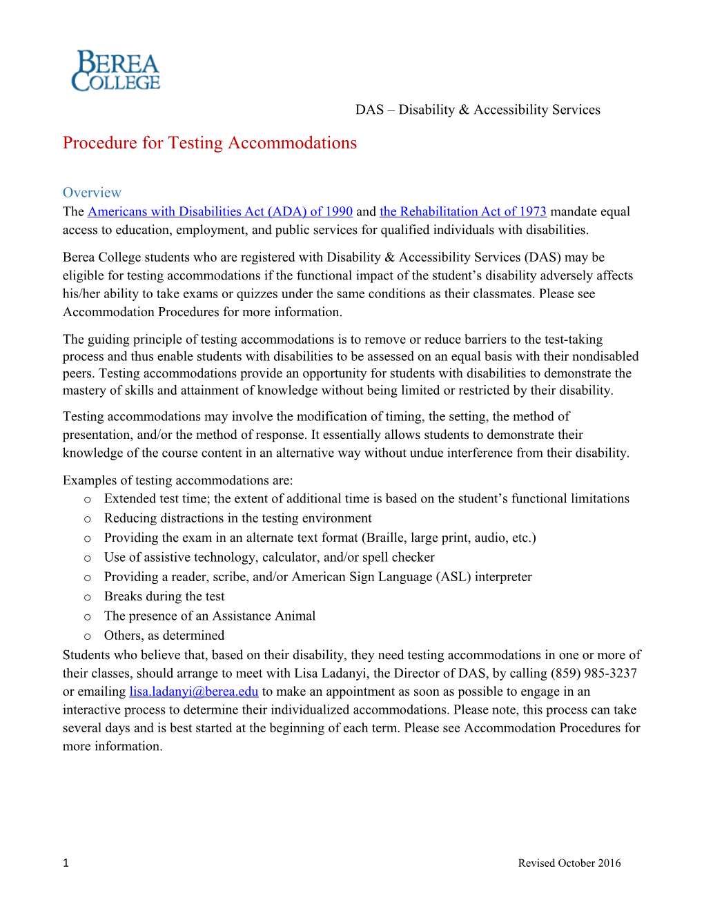 Procedure for Testing Accommodations