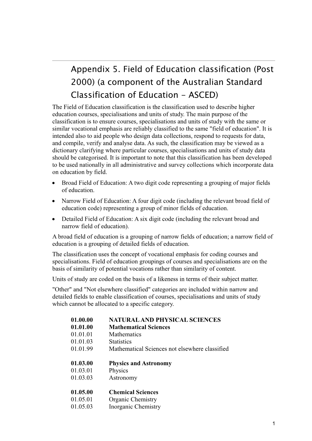 Appendix 5. Field of Education Classification (Post 2000) (A Component of the Australian