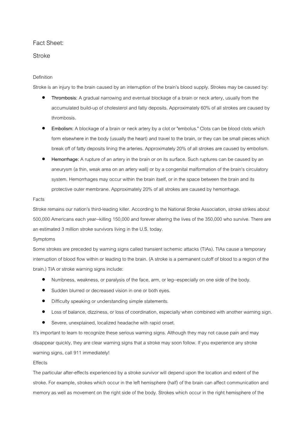 Fact Sheet: Stroke Definition