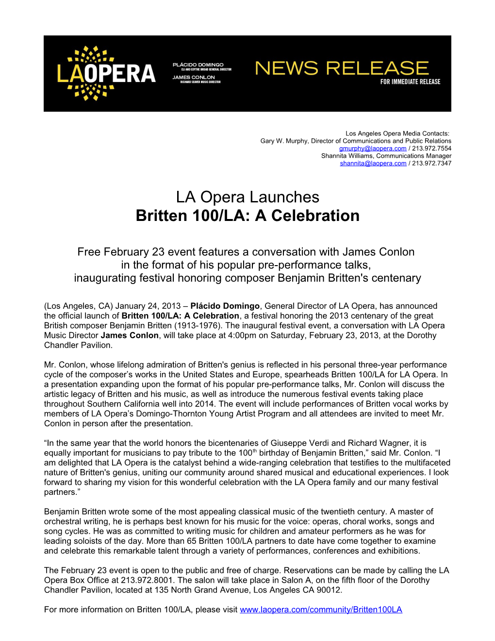 Los Angeles Opera Media Contacts