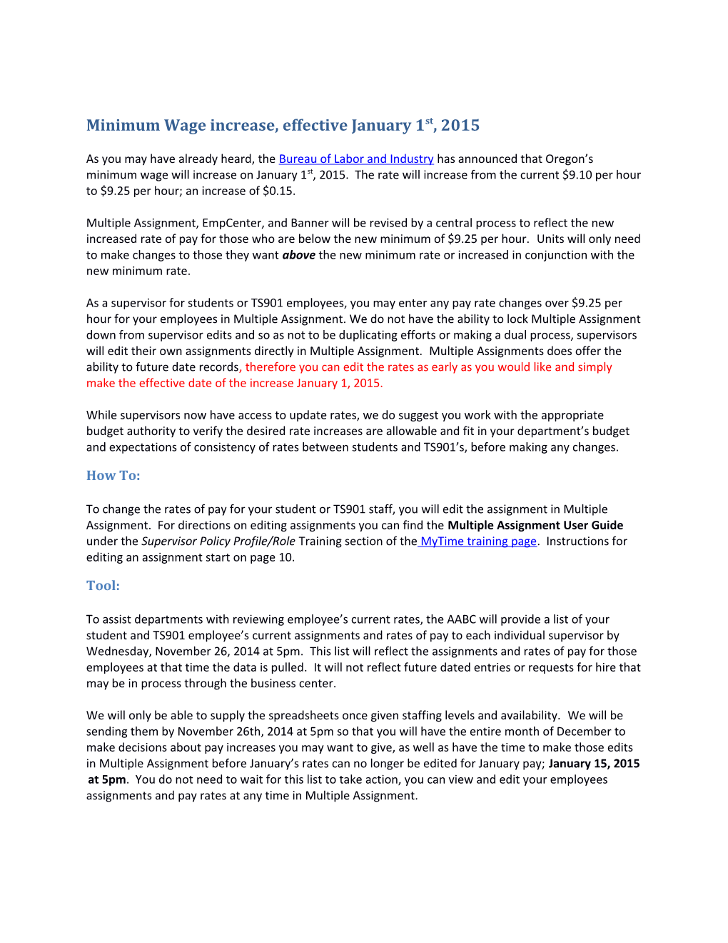 Minimum Wage Increase, Effective January 1St, 2015