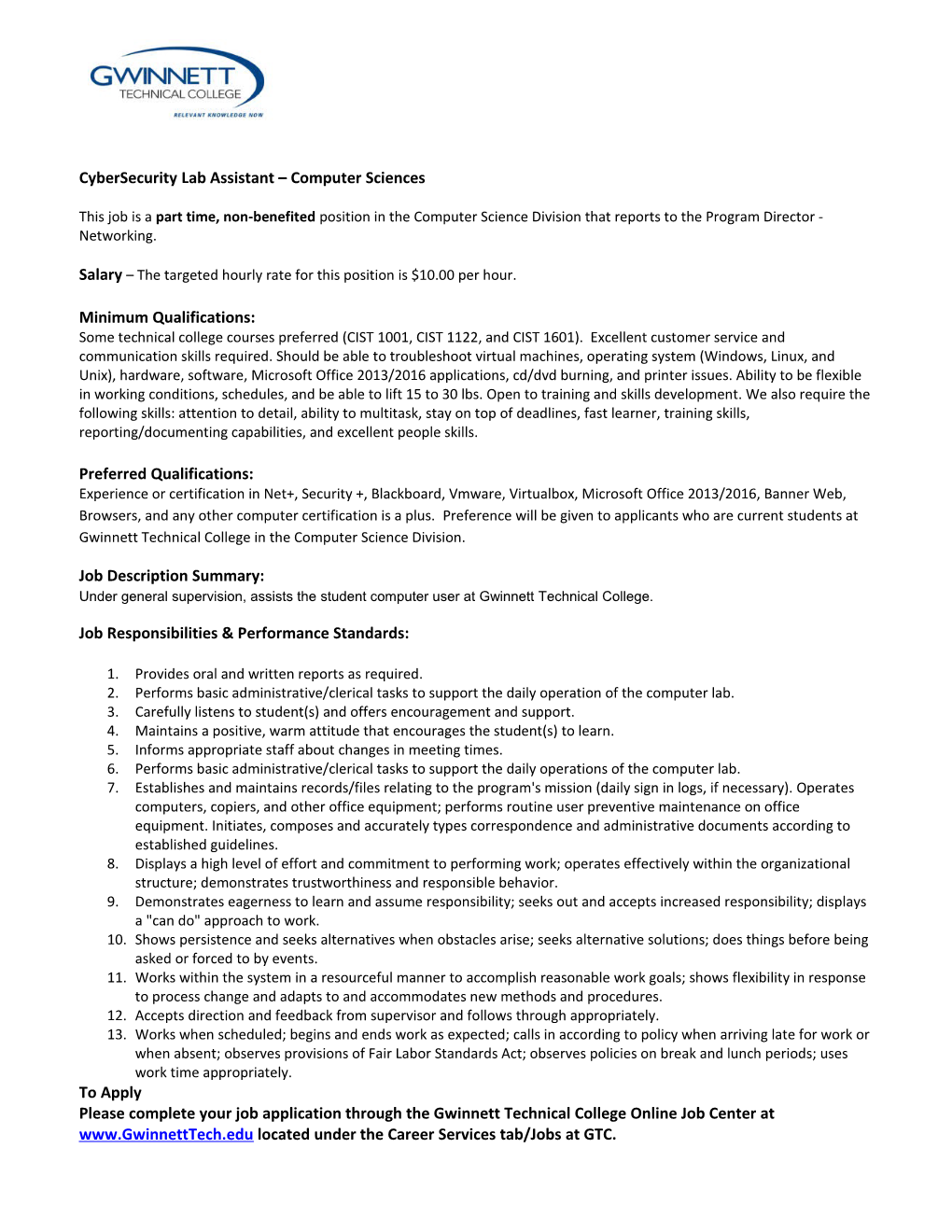 Cybersecurity Lab Assistant Computer Sciences