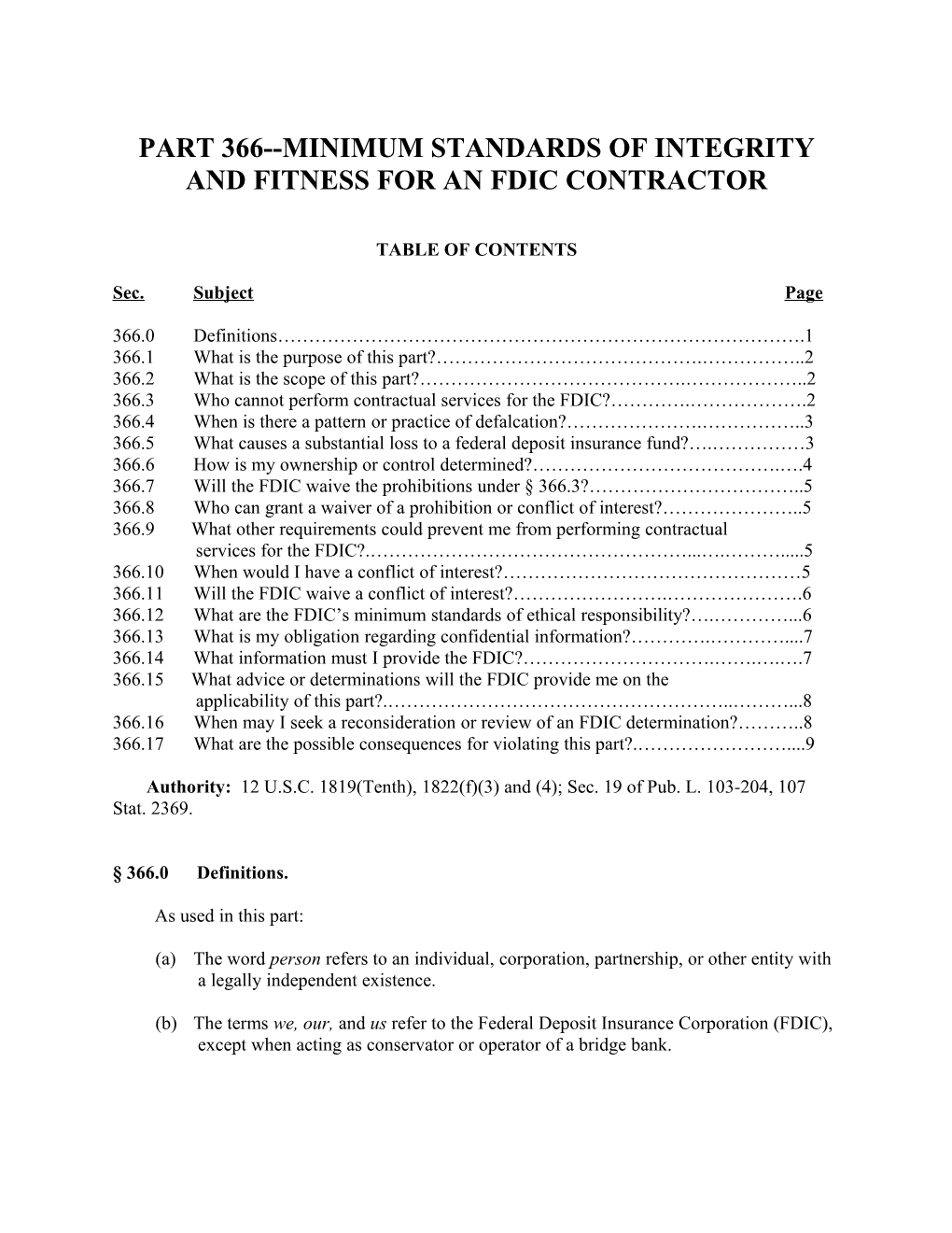 PART 366 Minimum Standards of Integrity and Fitness for an FDIC Contractor