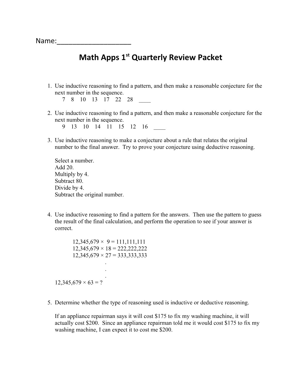 Math Apps 1St Quarterly Review Packet