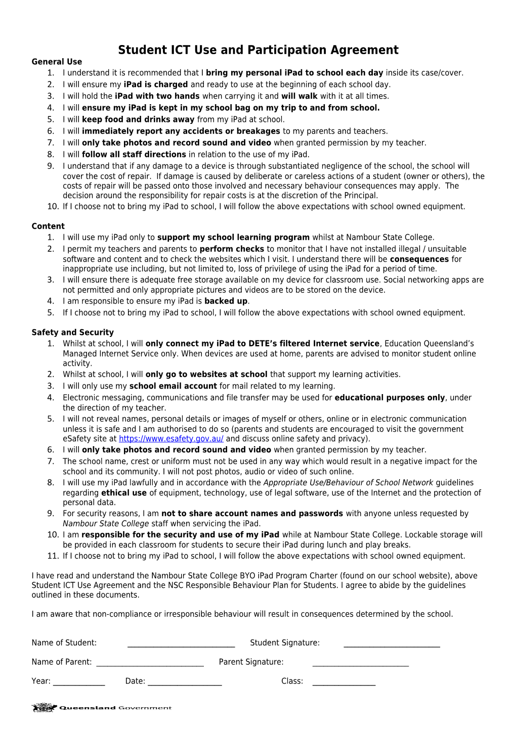 Student ICT Use and Participation Agreement