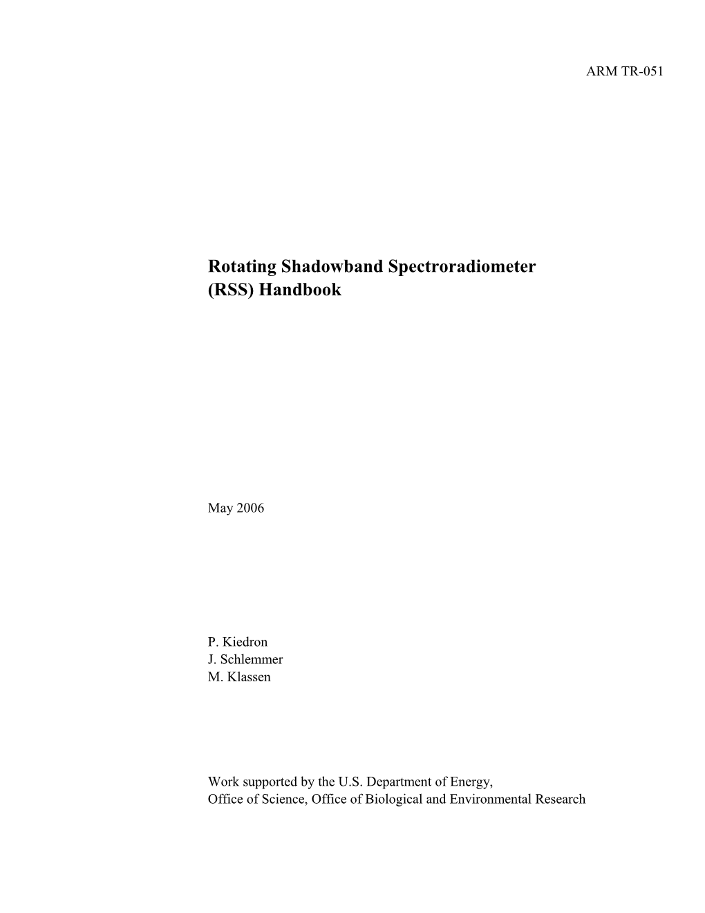 Rotating Shadowband Spectroradiometer (RSS) Handbook