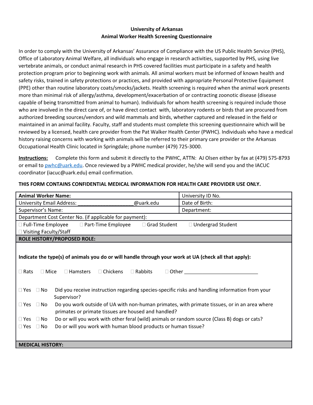 Animal Worker Health Screening Questionnaire