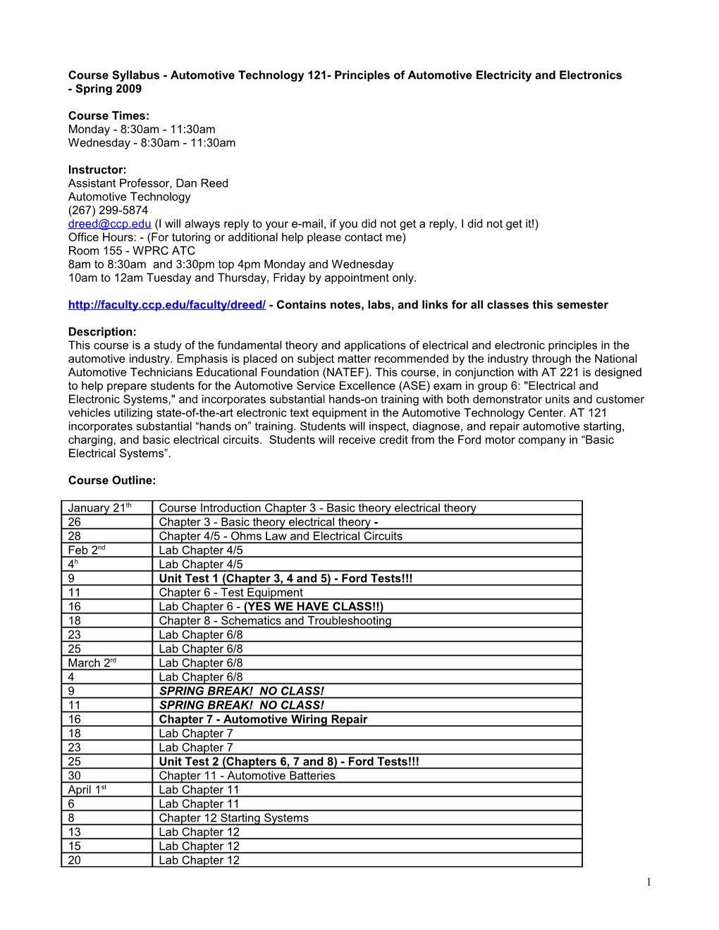 Course Syllabus - Automotive Technology 121- Principles of Automotive Electricity And