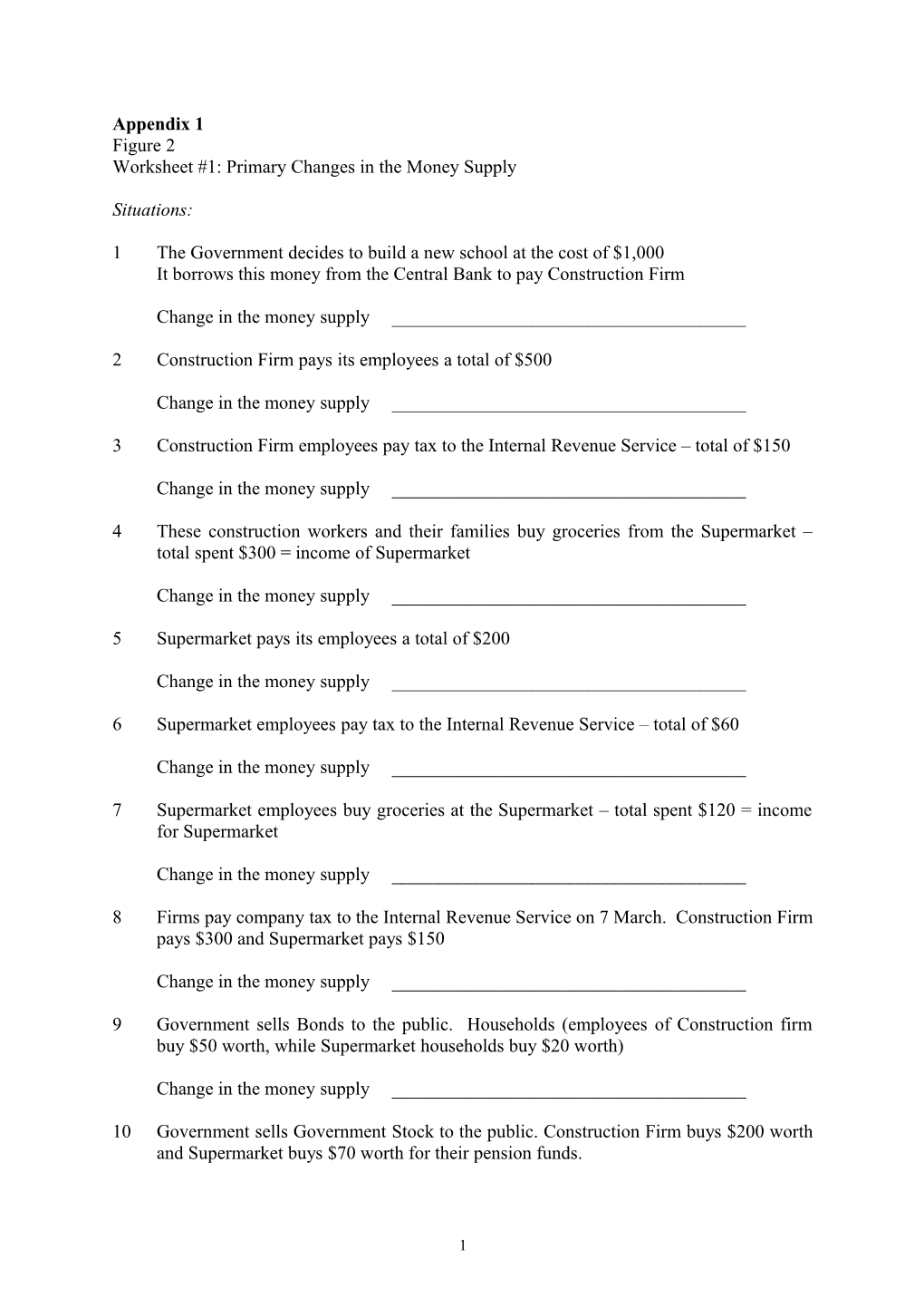 Worksheet #1: Primary Changes in the Money Supply