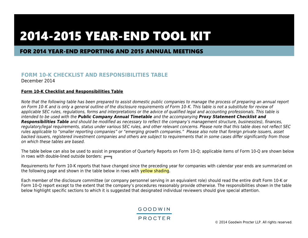 Form 10-K Checklist and Responsibilities Table