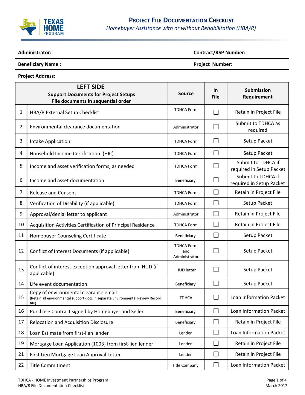 HBA/R Project File Checklist