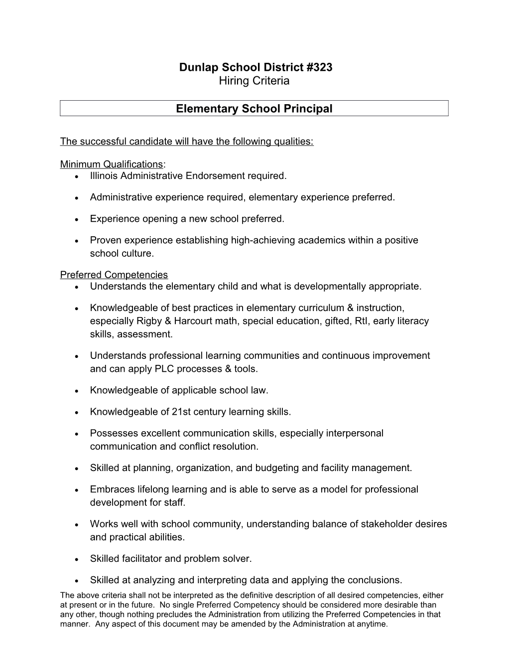 Elementary School Principal Hiring Criteria - DRAFT