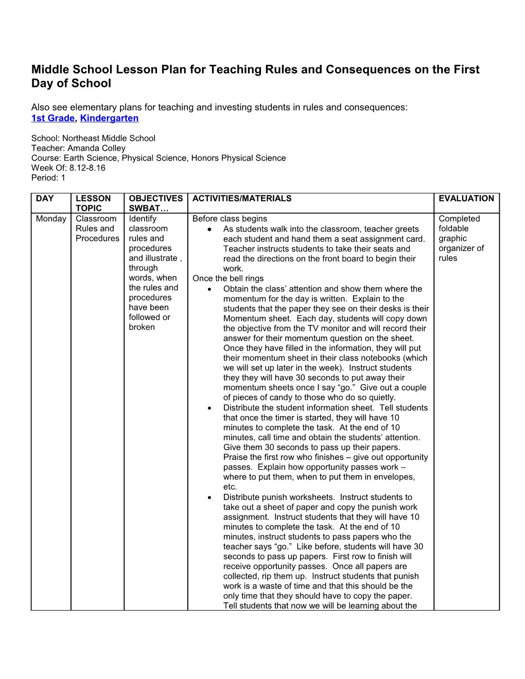 Middle School Lesson Plan for Teaching Rules and Consequences on the First Day of School