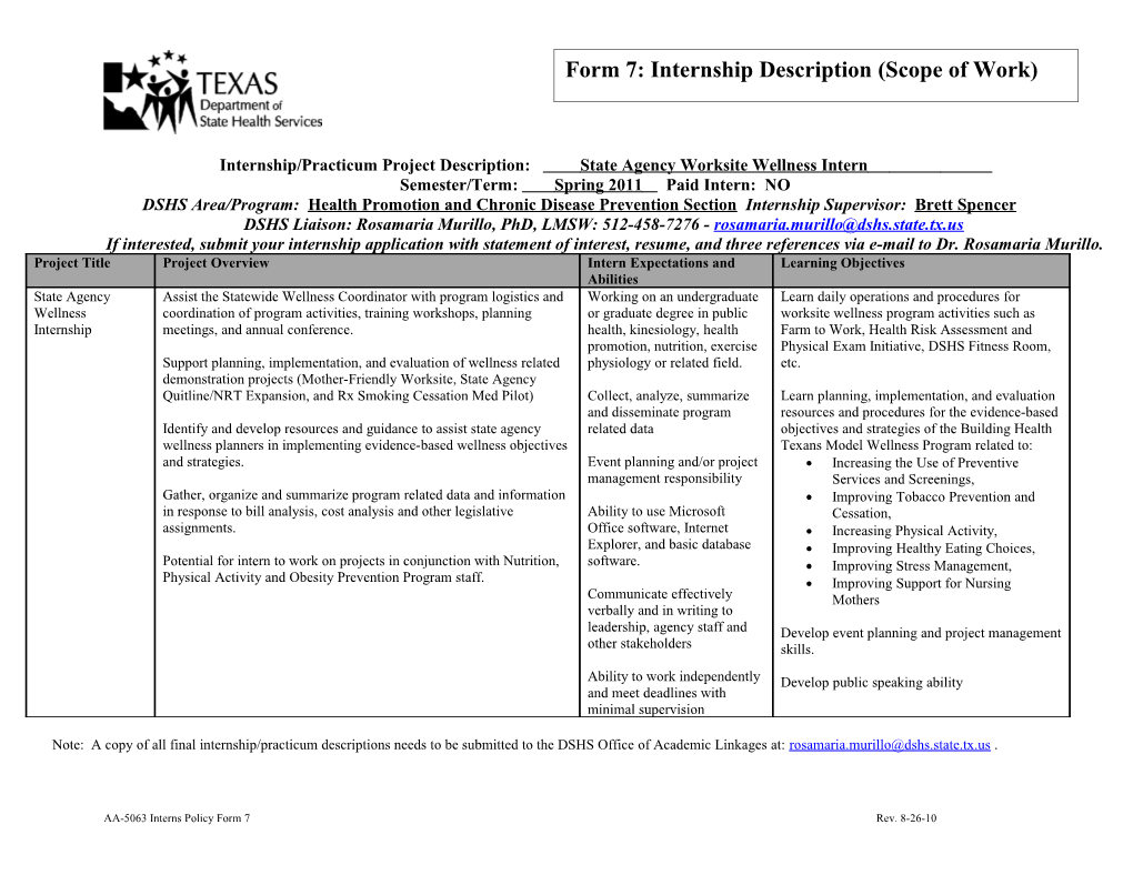 Internship/Practicum Project Description: State Agency Worksite Wellness Intern