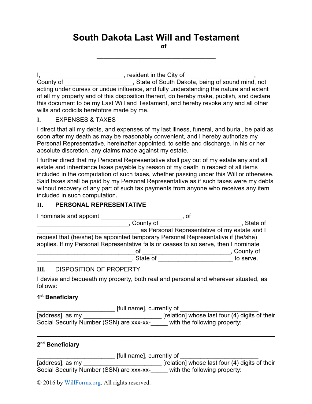 South Dakota Last Will and Testament Form