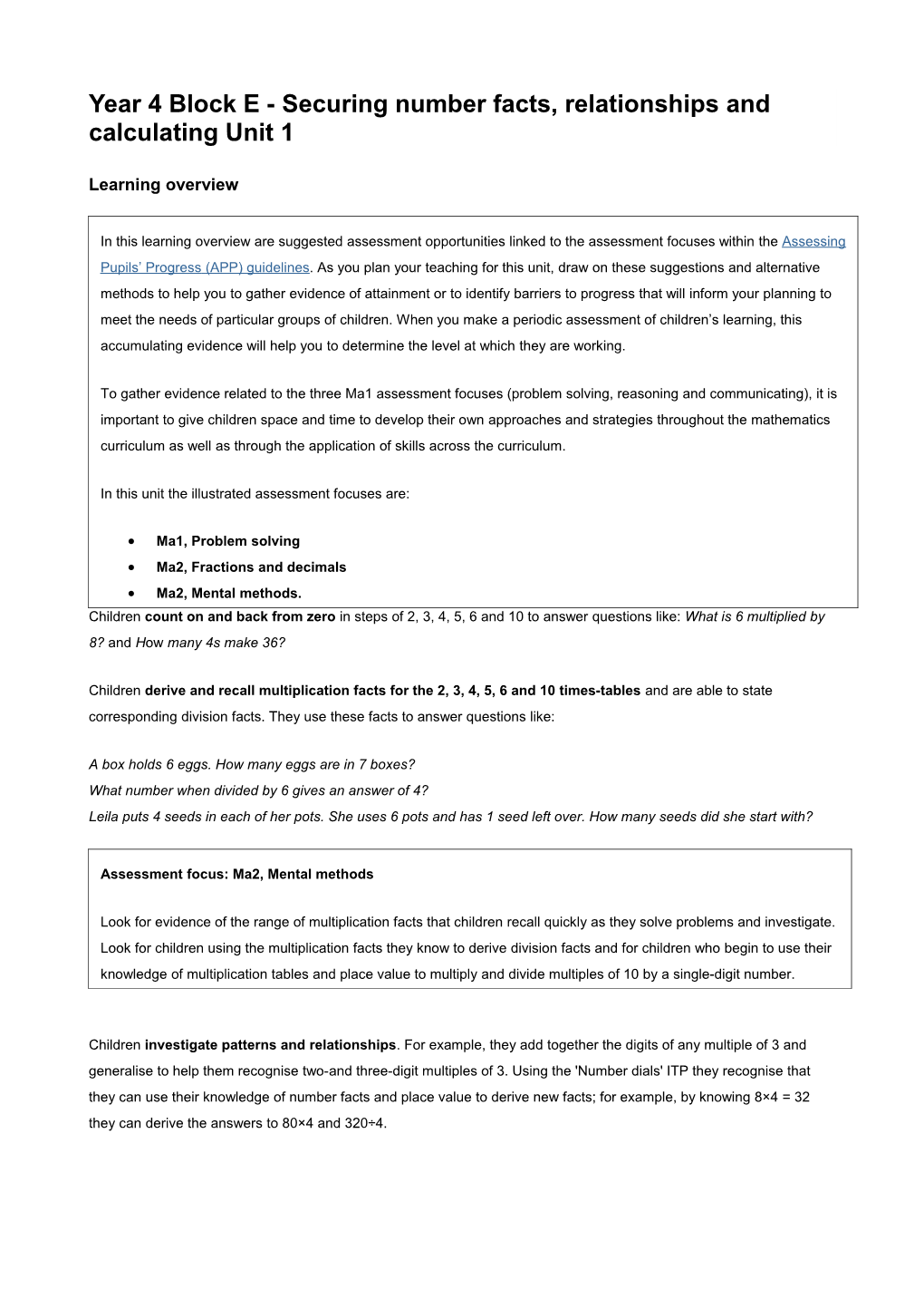 Year 4 Block E - Securing Number Facts, Relationships and Calculating Unit 1