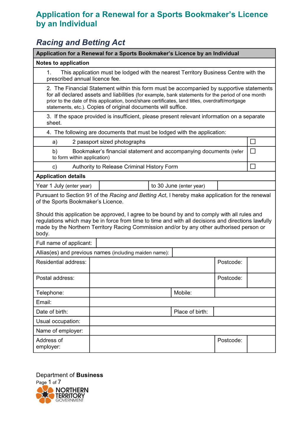 Application for Renewal of Sports Bookmakers Licence - Individual