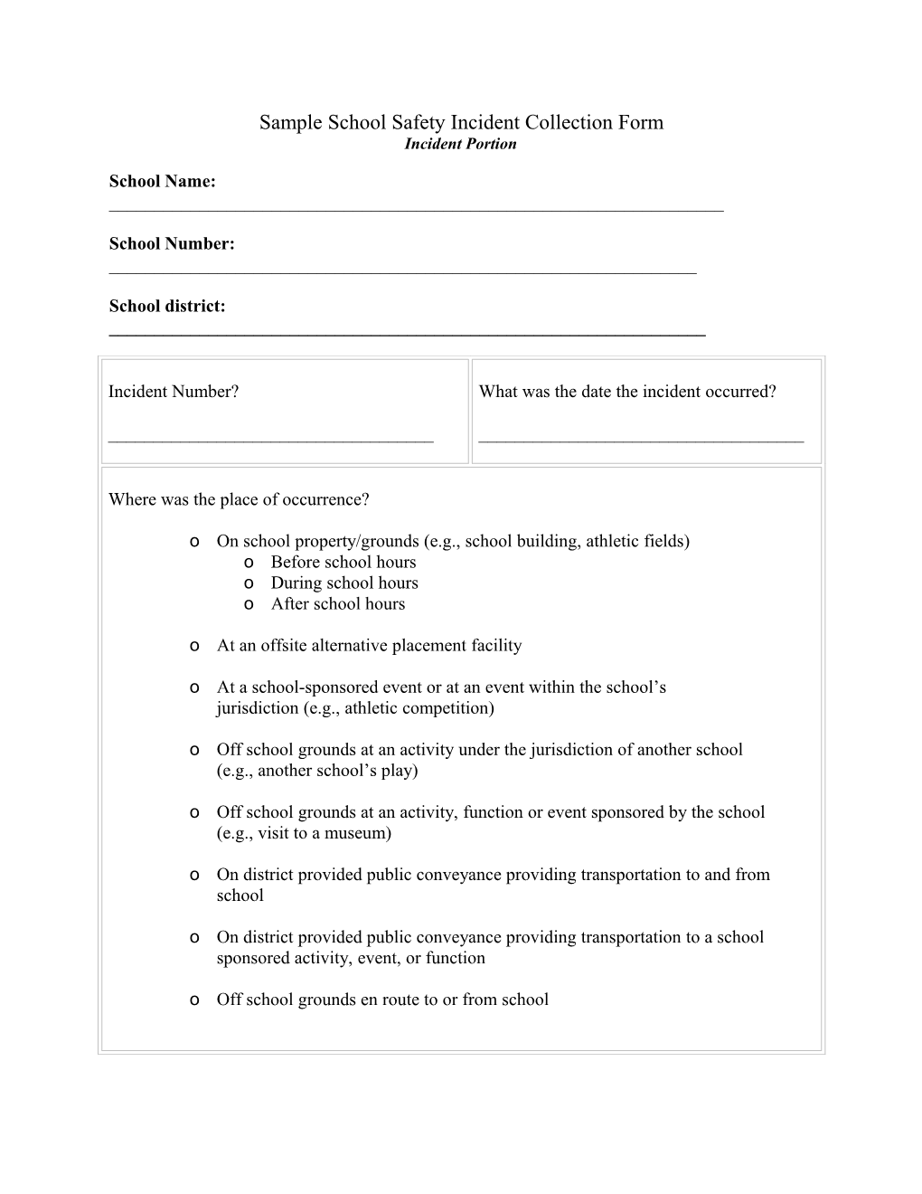 Sample School Safety Incident Collection Form