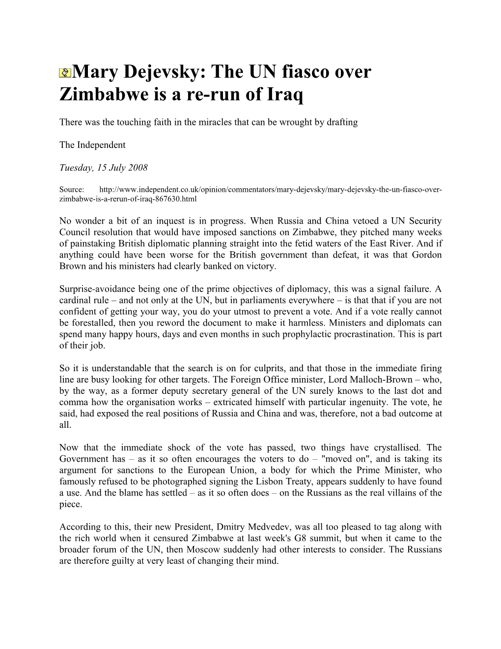 Mary Dejevsky: the UN Fiasco Over Zimbabwe Is a Re-Run of Iraq