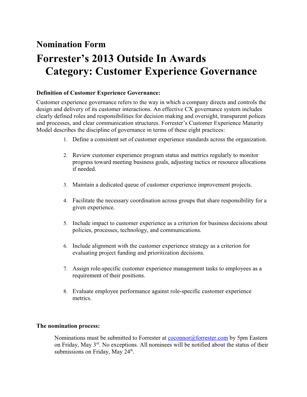 Forrester Outsidein Awards 2013 - CX Governance - Nomination Form - V1