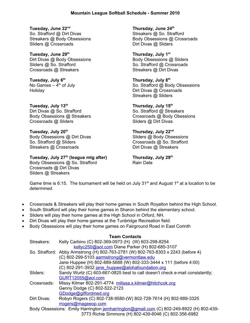 Mountain League Softball Schedule