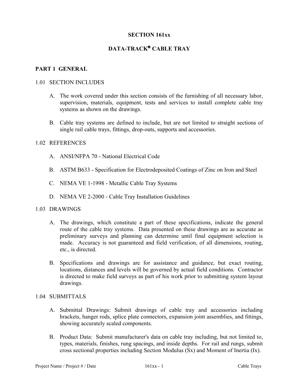 Specification - Section 161Xx - Data-Track Cable Tray