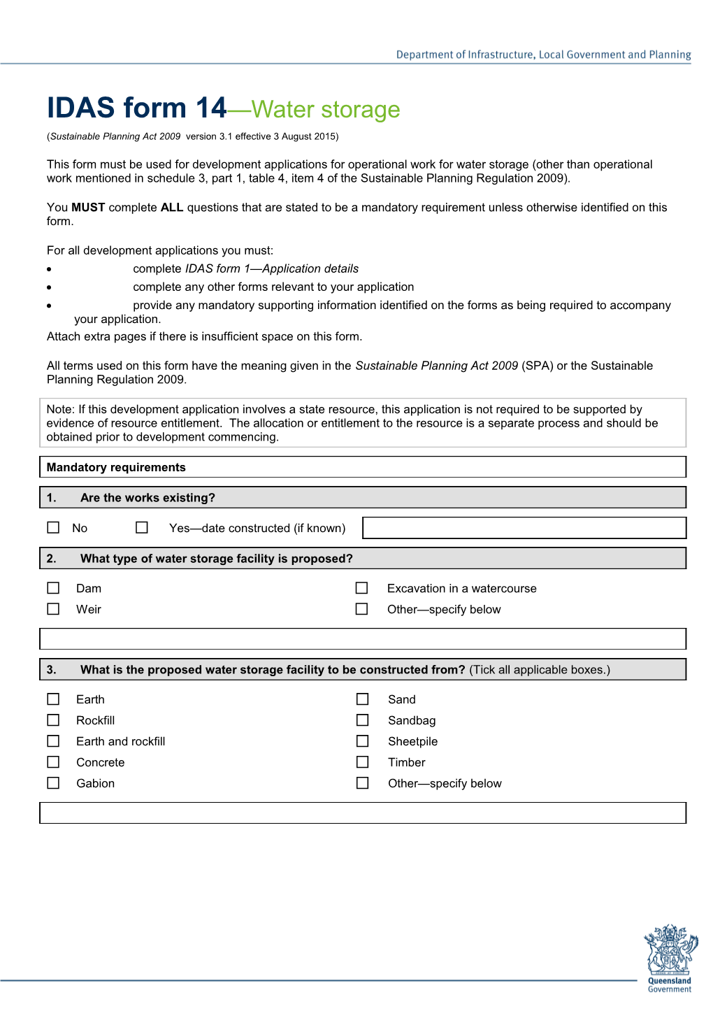 IDAS Form 14 - Water Storage