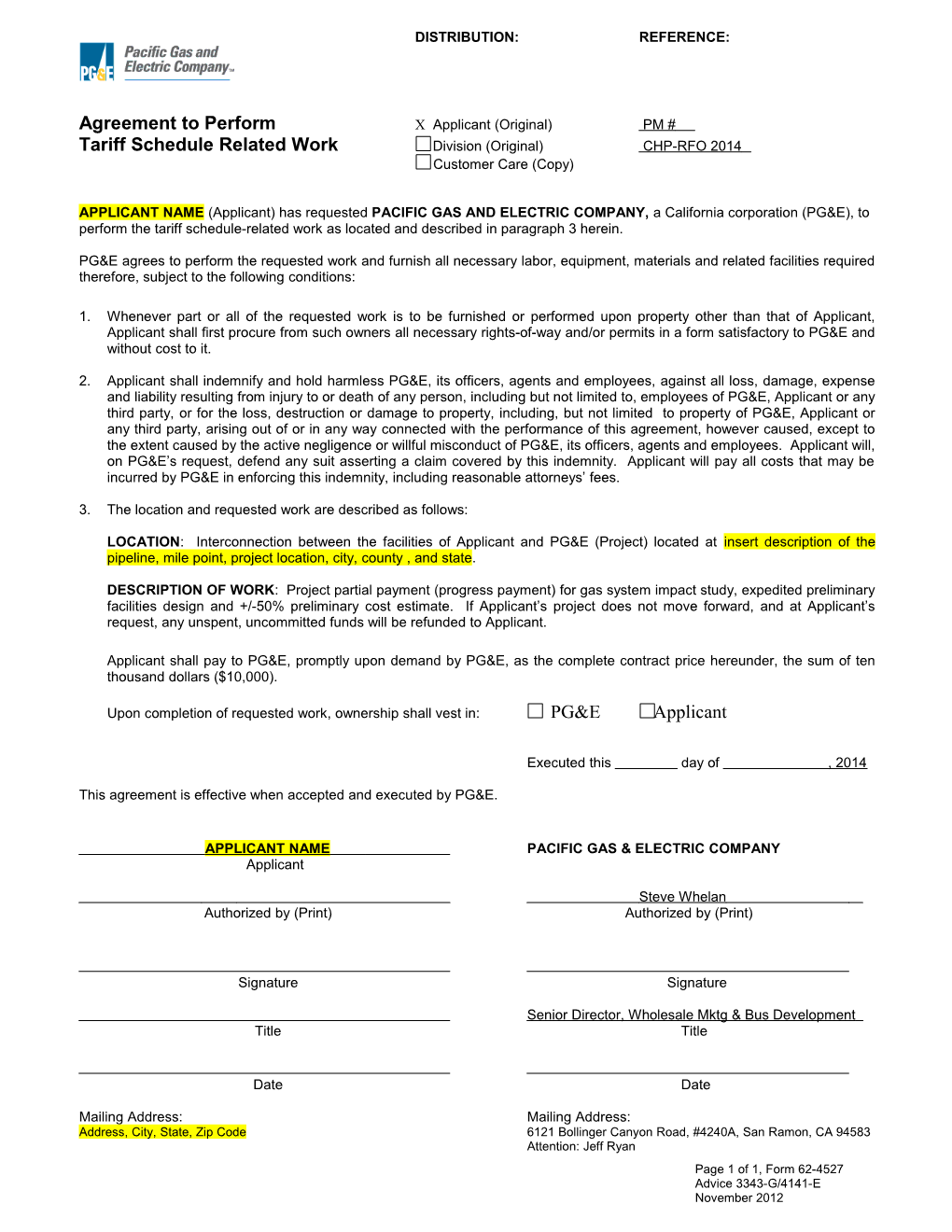 Agreement to Perform Tariff Related Work