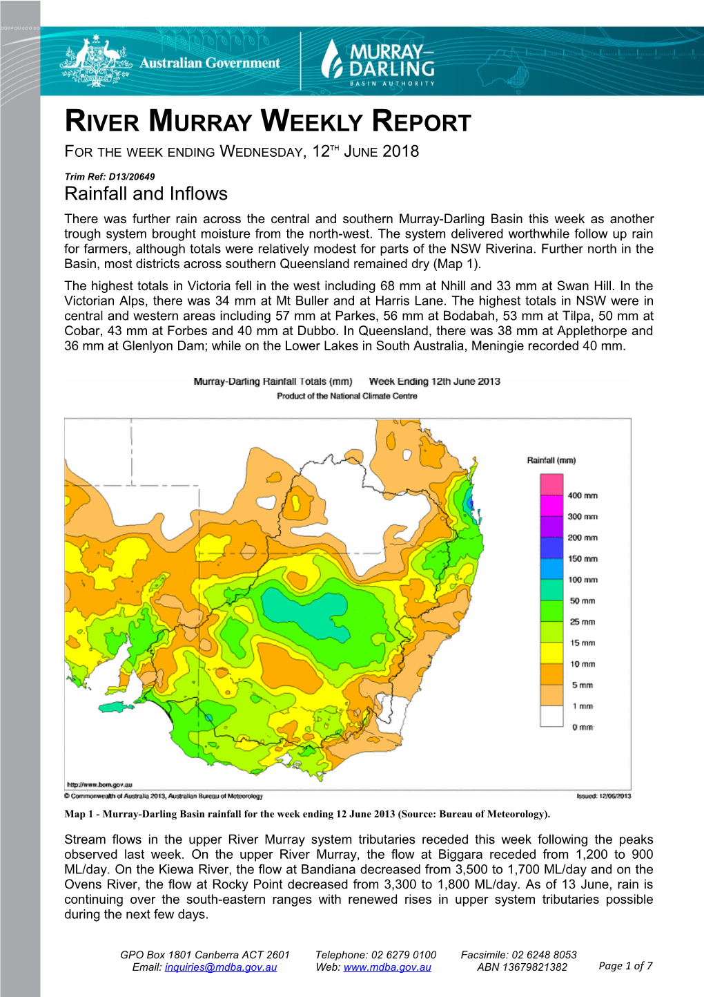 River Murray Operations Weekly Report 12 June 2013