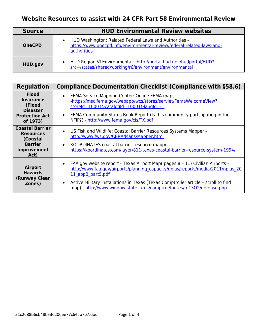 Website Resources to Assist with 24 CFR Part 58 Environmental Review