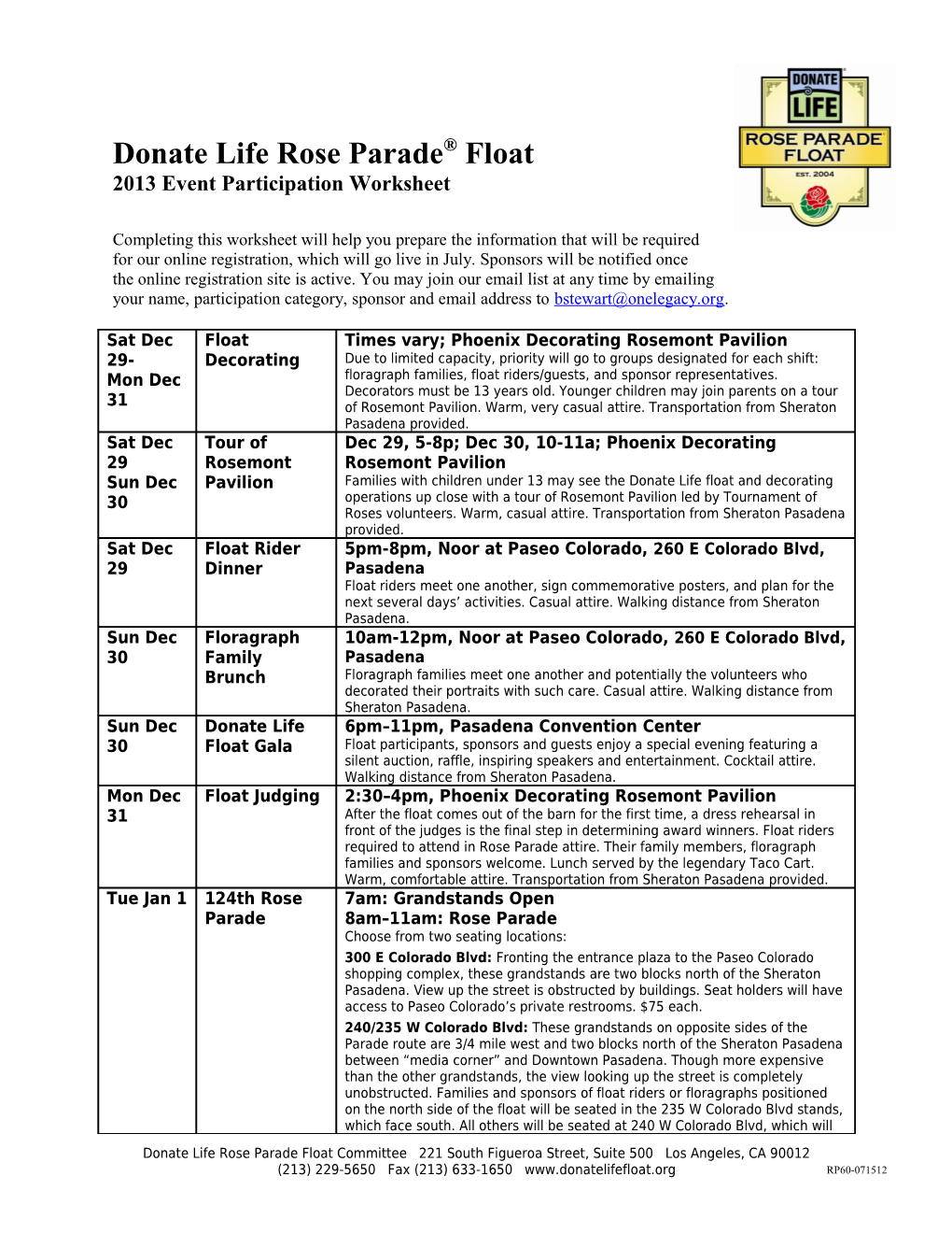 2013 Event Participation Worksheet