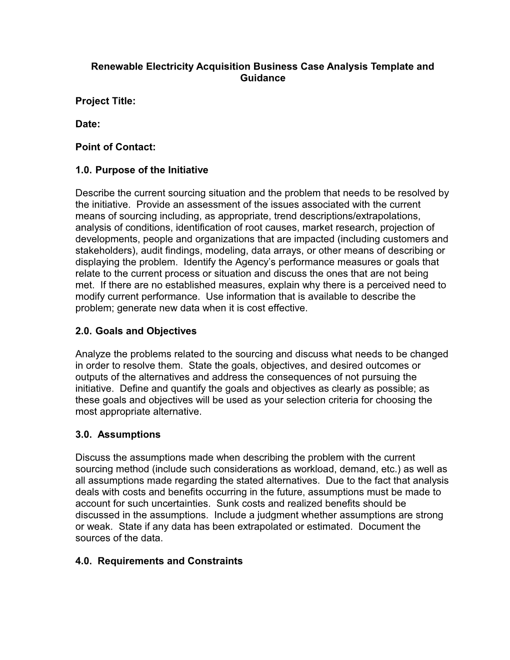 Renewable Electricity Acquisition Business Case Analysis Template and Guidance