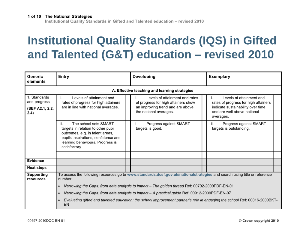 Institutional Quality Standards (IQS) in Gifted and Talented (G&T) Education Revised 2010