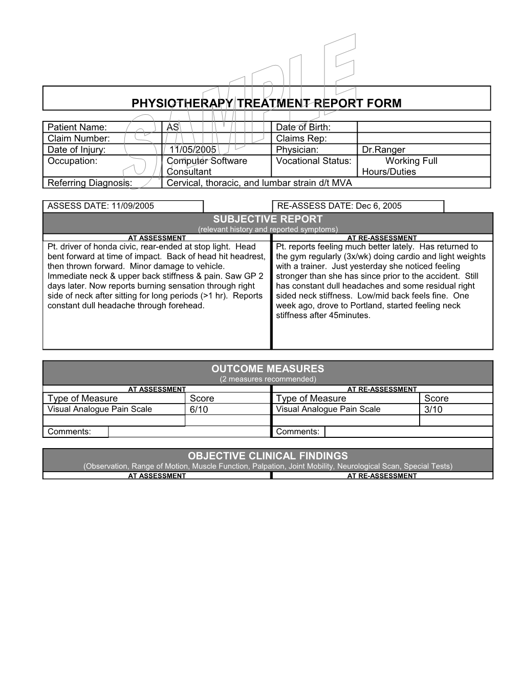 Physiotherapy Treatment Report Form