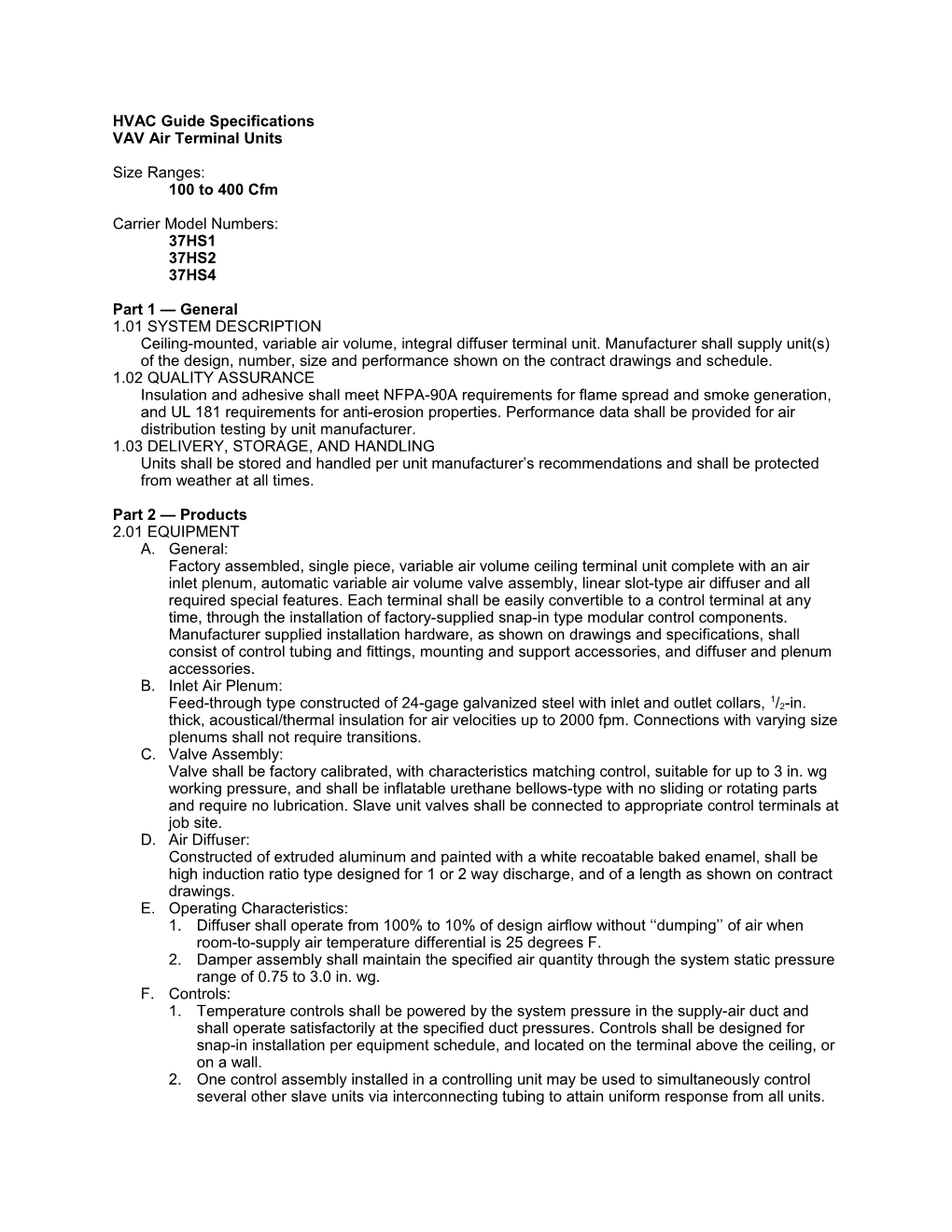 37HS Guide Specifications, 100 to 400 Cfm