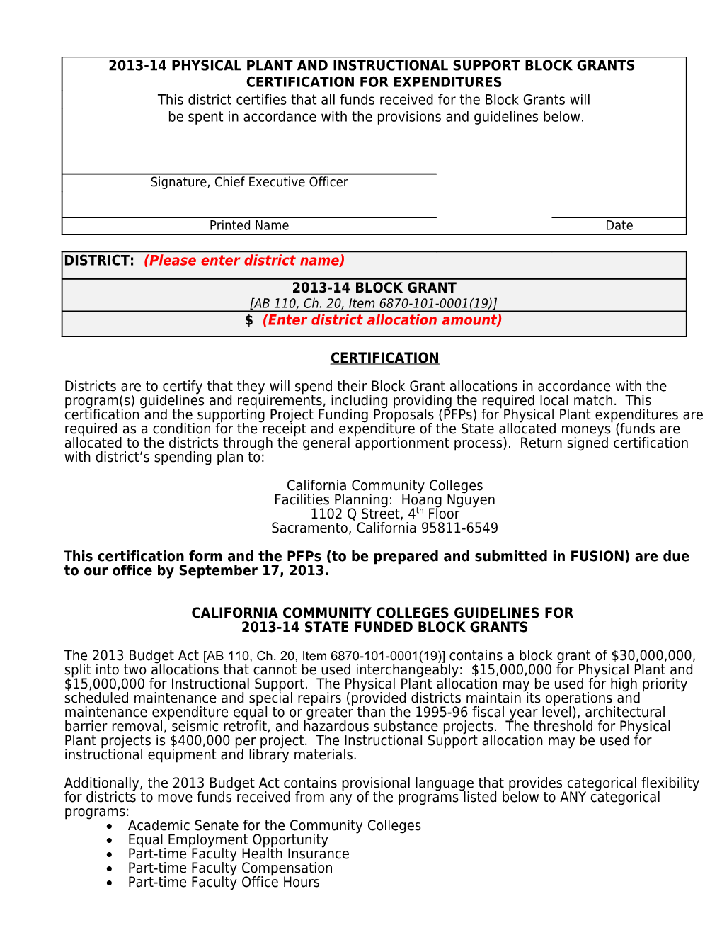 2001-2002 Block Grant Certification for Expenditures