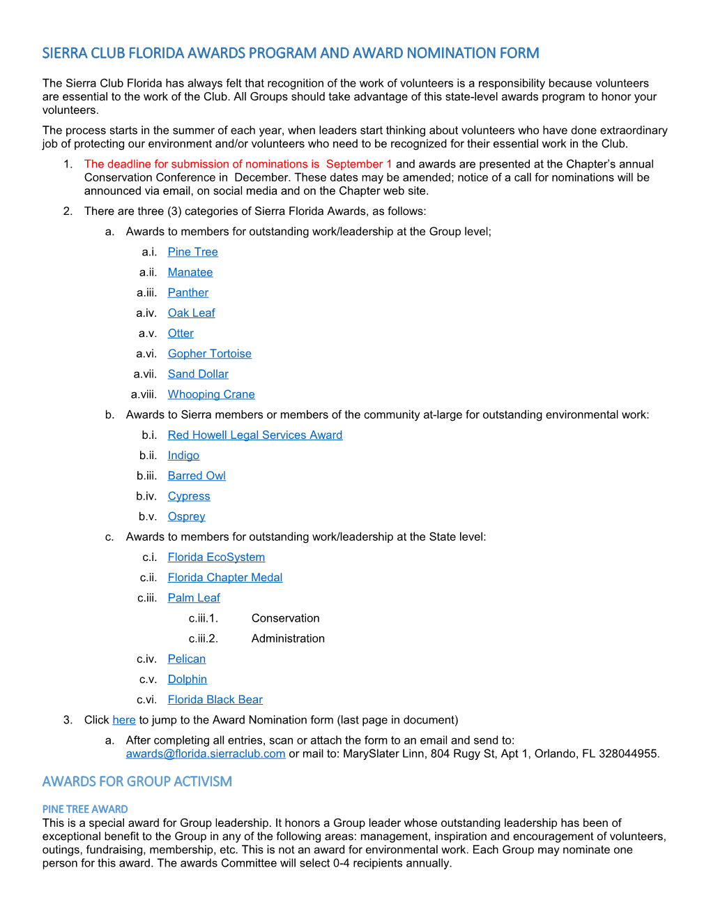 Sierra Club Florida Awards Program and Award Nomination Form