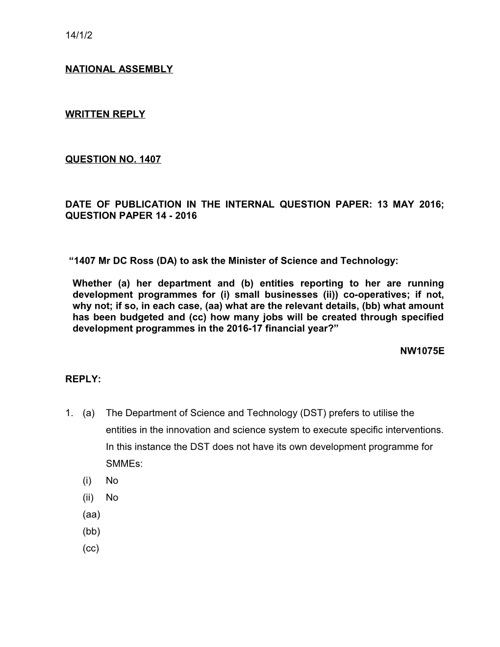 Date of Publication in the Internal Question Paper: 13May 2016; Question Paper 14-2016