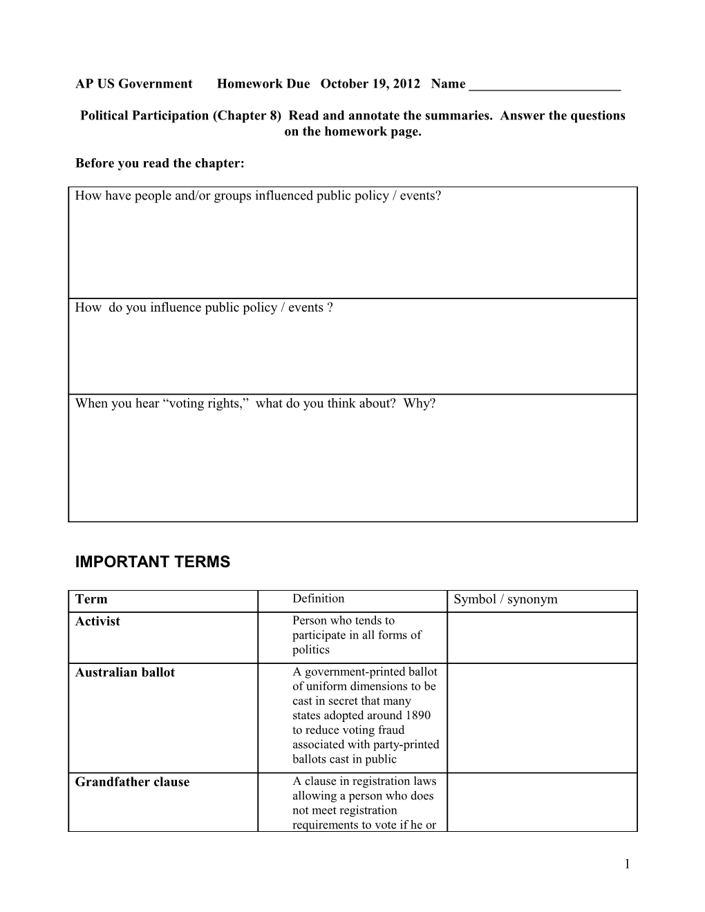 Political Participation (Chapter 8)