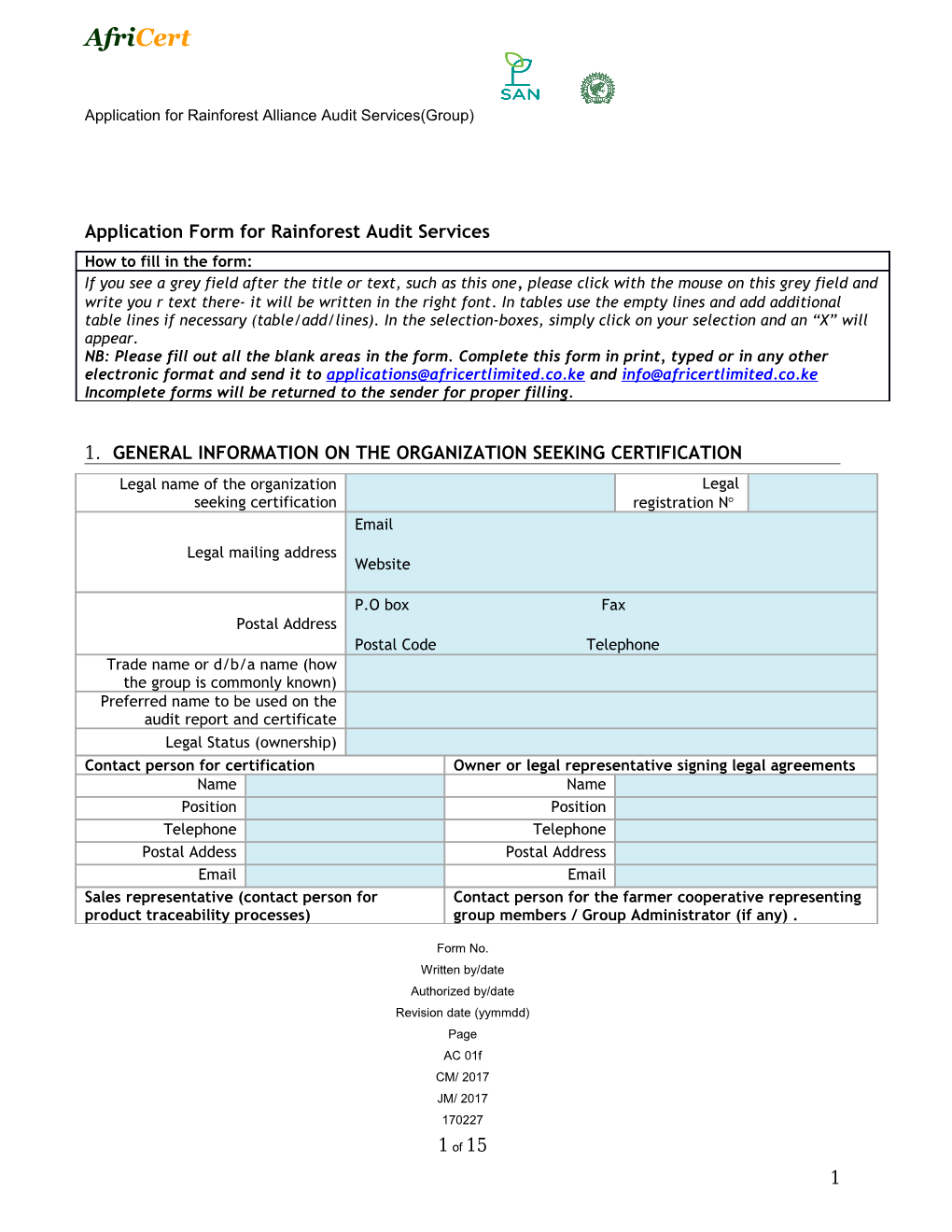 Application Form for Rainforest Audit Services