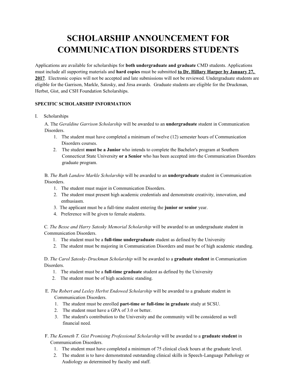 Scholarship Announcement for Communication Disorders Majors
