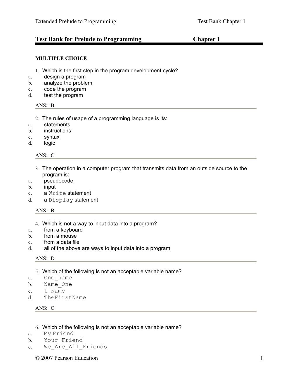 Test Bank for Prelude to Programmingchapter 1