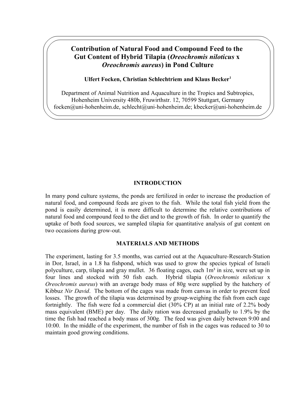 Contribution of Natural Food and Compound Feed to the Gut Content of Tilapia (Oreochromis