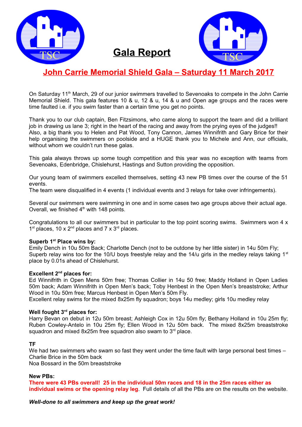 John Carrie Memorial Shield Gala Saturday 11 March 2017