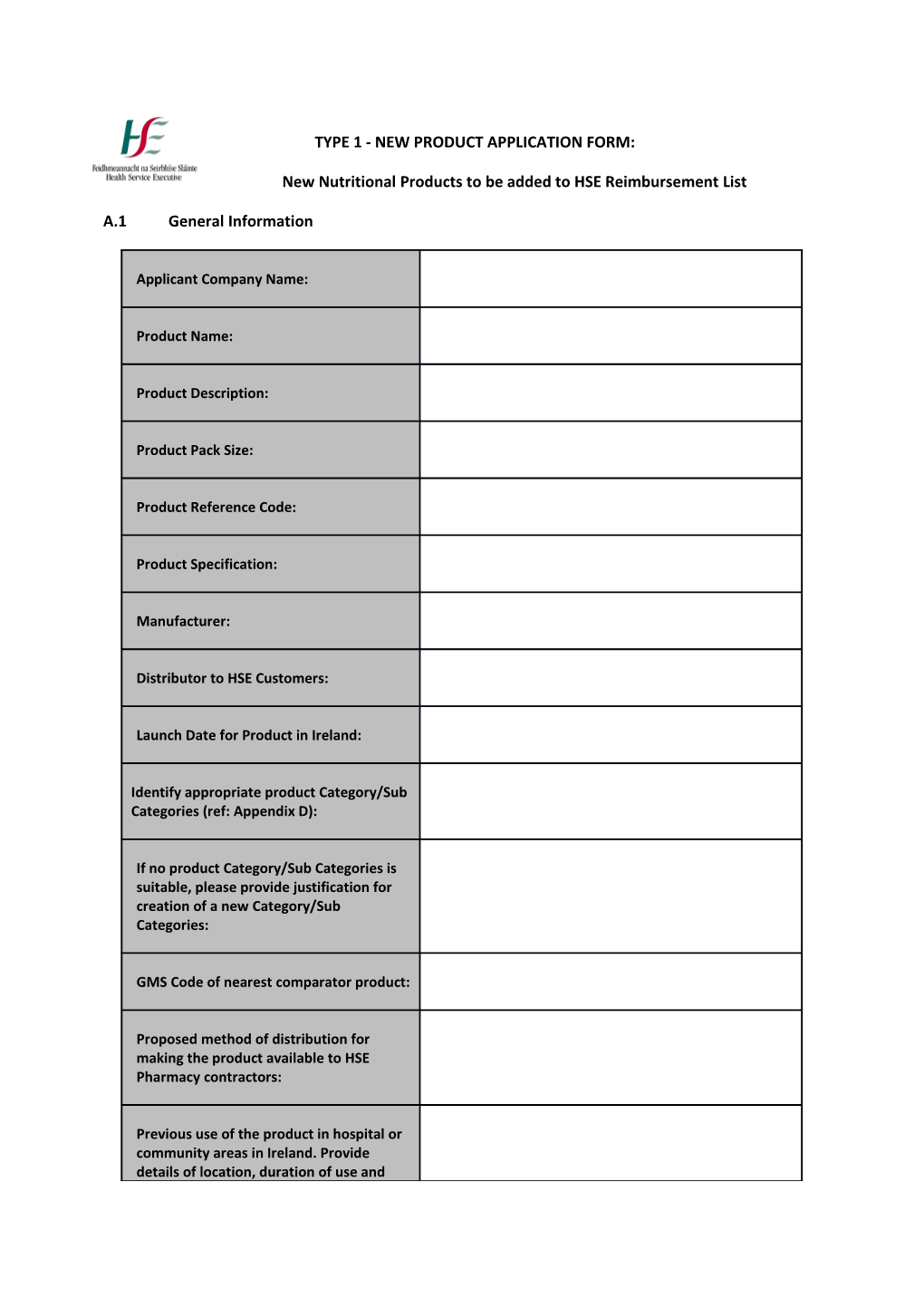 Type 1 - New Product Application Form