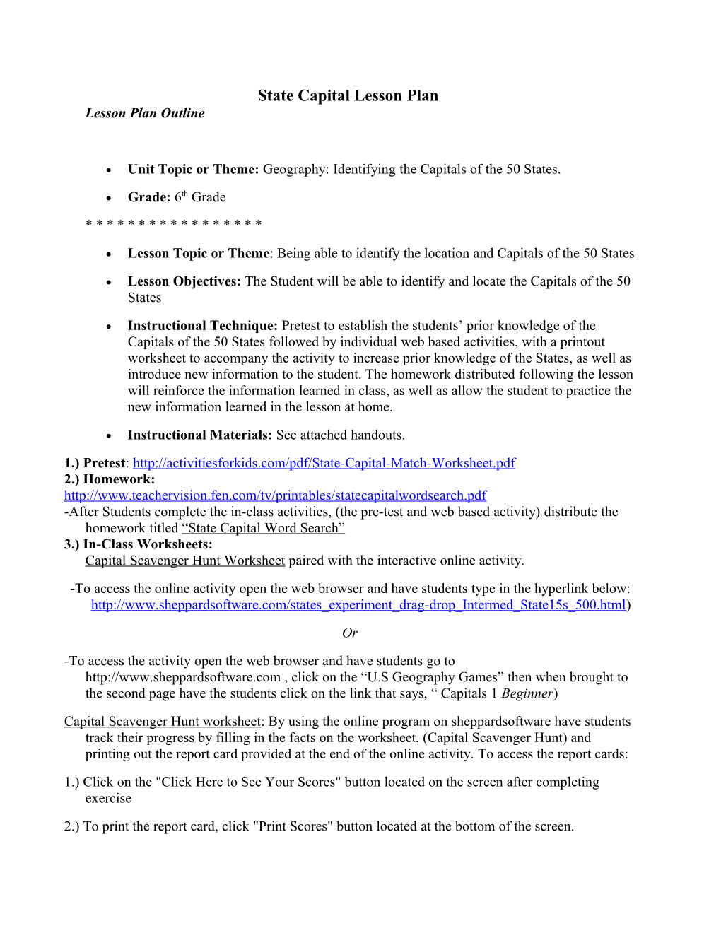 State Capital Lesson Plan