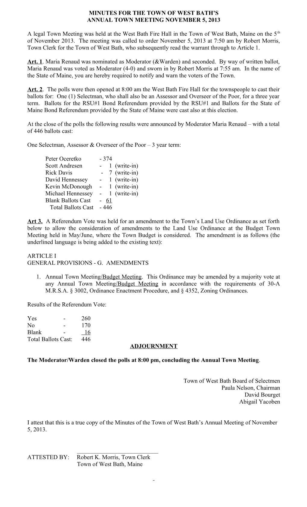 Town Meeting Articles for Consent Agenda