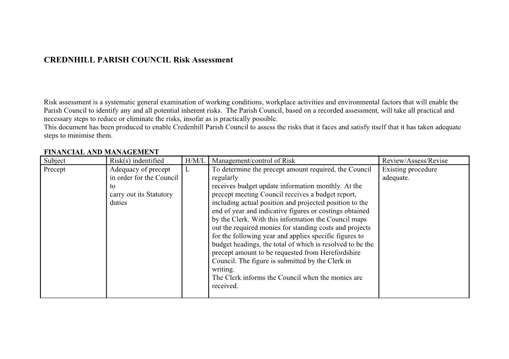 Parish Council Risk Assessment